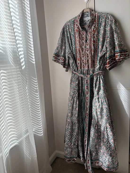 Anthropologie Sue Sartor Block Print Midi Dress 3X Teal Boho Ruffle Picnic 100% - Picture 5 of 5